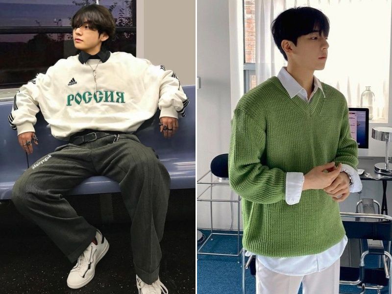  Sweater + Áo sơ mi cổ tròn + Quần tây